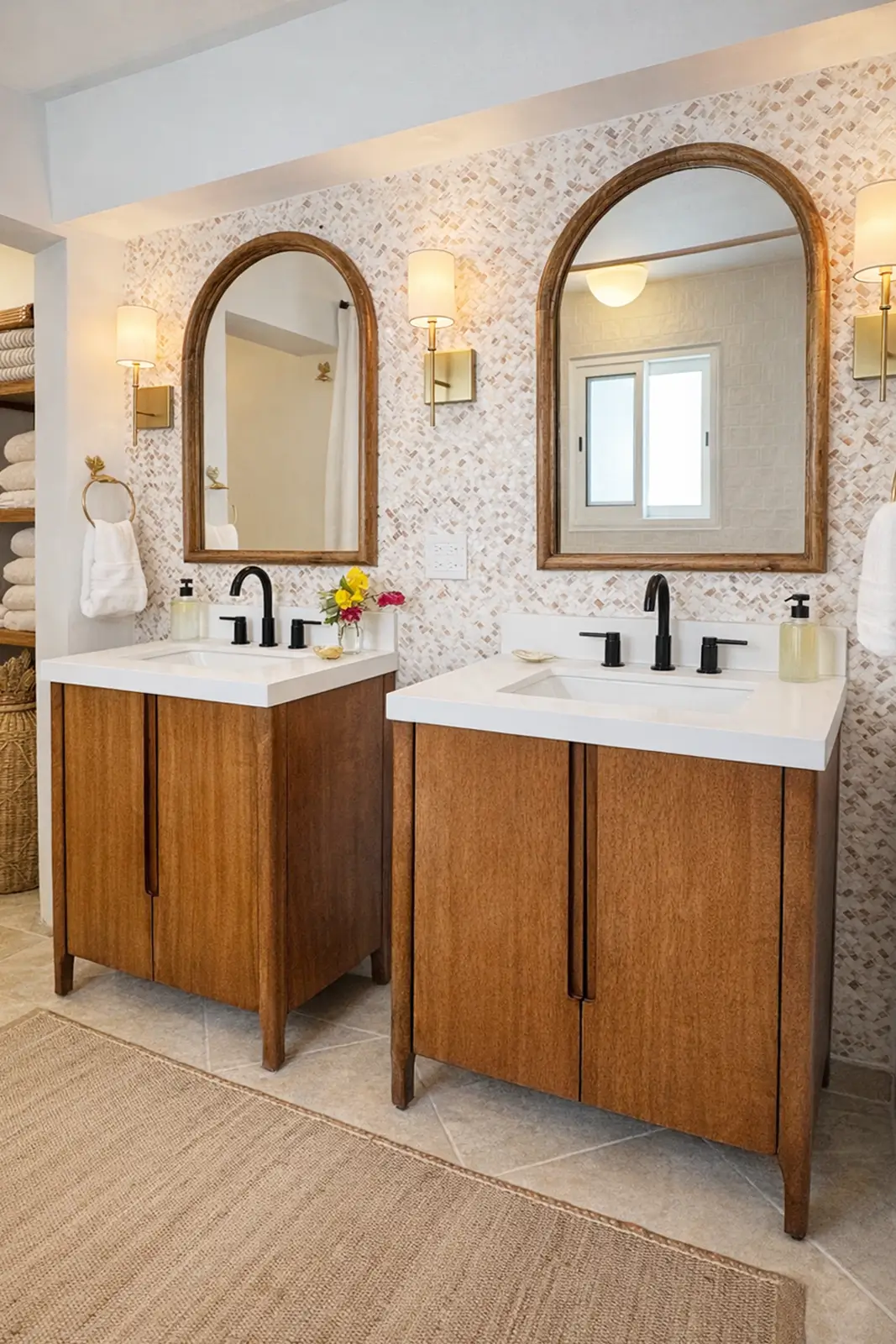 Downstairs shared bathroom — renovated finishes and coastal detail